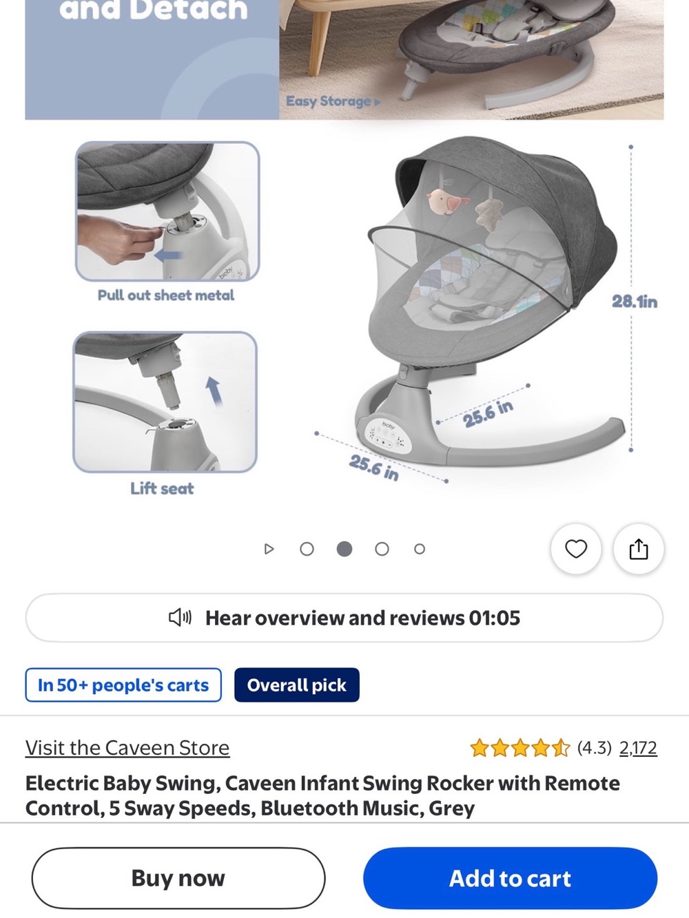 Grey Electric Infant Swing with Bluetooth & Remote